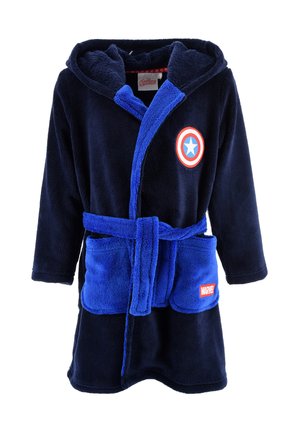 Navy blue fleece robe with a hood, featuring a red and white circular emblem, matching belt, and two front pockets. Tag reads "MARVEL."