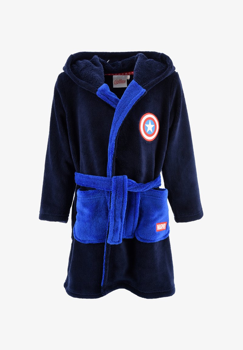 Navy blue fleece robe with a hood, featuring a red and white circular emblem, matching belt, and two front pockets. Tag reads "MARVEL."