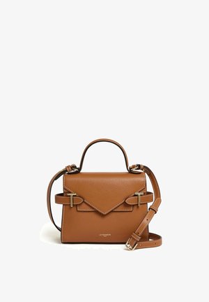 Brown leather handbag with structured design, gold hardware accents, and a decorative flap. Includes a detachable shoulder strap.