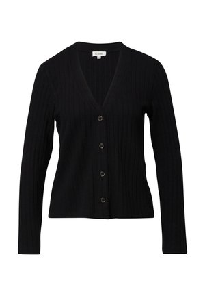 Schwarze, gerippte Strickjacke mit V-Ausschnitt, langen Ärmeln und fünf Knöpfen vorne. Die Textur ist glatt, das Design zeigt vertikale Streifen.