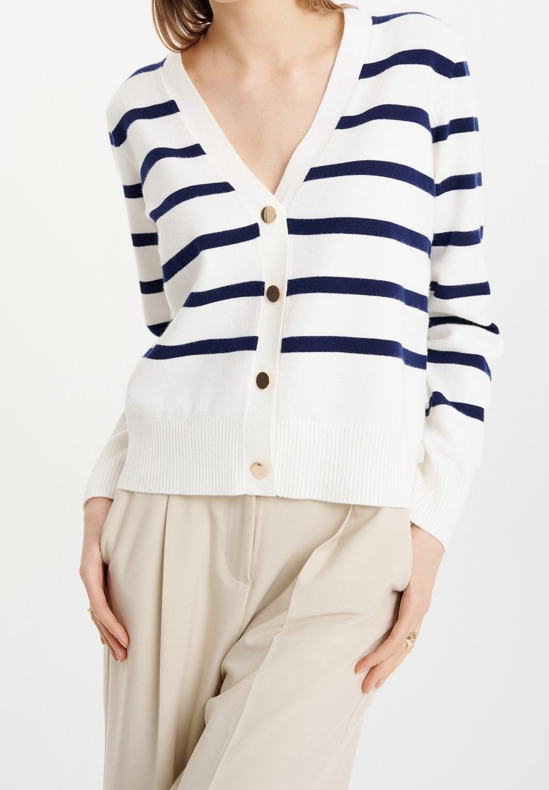 Raidallinen neuletakki valkoisena ja tummansinisenä, jossa on V-pääntie, nappikiinnitys kultaisilla yksityiskohdilla sekä ribbaus hihansuissa ja helmassa.