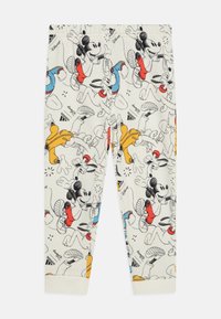 Leggings bianchi con un motivo a cartone animato che raffigura Topolino e Plutone in vari colori tra cui rosso, blu e giallo. Tessuto morbido, cintura elastica.
