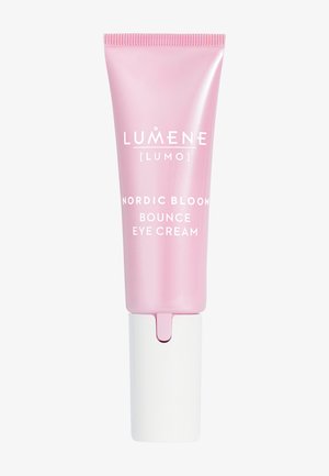 Lyserødt rør med Lumene Nordic Bloom Bounce Eye Cream med hvid hætte på en ensfarvet lys baggrund.
