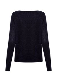 Navyblaues, langärmliges Strickoberteil mit einem leicht lockeren Schnitt, das eine glatte Textur und einen dezenten metallischen Schimmer aufweist.