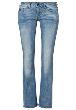 Jasnoniebieskie jeansy bootcut z efektami przetarć, szlufkami na pasek, frontowym guzikiem, zamkiem błyskawicznym i fasonem z pięcioma kieszeniami.