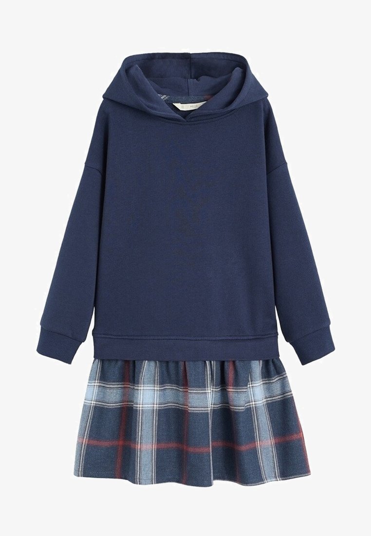 Robe sweat à capuche bleu marine avec manches longues et jupe plissée arborant un motif à carreaux bleu, blanc et rouge.