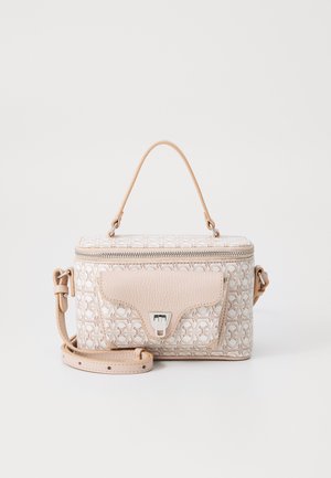 Beige leather handbag with embossed pattern, zip closure, and a detachable strap. Features a front flap with metallic clasp and textured accents.