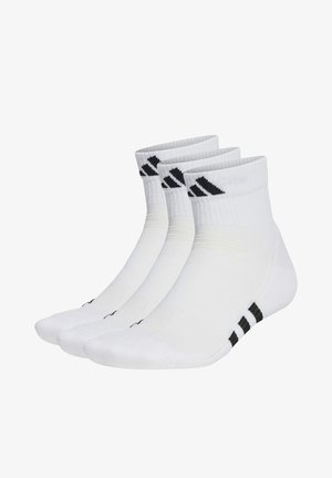 Calcetines deportivos blancos hechos de tela, con un puño acanalado, un distintivo logo de tres franjas negras y un diseño de suela acolchada.