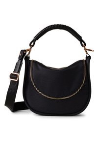 Borsa a tracolla in pelle nera con forma arrotondata, dettaglio con zip e superficie texturizzata. Presenta un manico intrecciato e una tracolla regolabile.