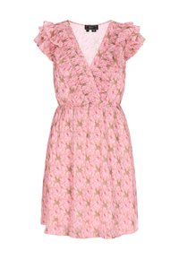 Blumenkleid mit rosa Rosenmuster, Rüscheärmeln, V-Ausschnitt und tailliertem Schnitt, aus leichtem, delikatem Stoff.