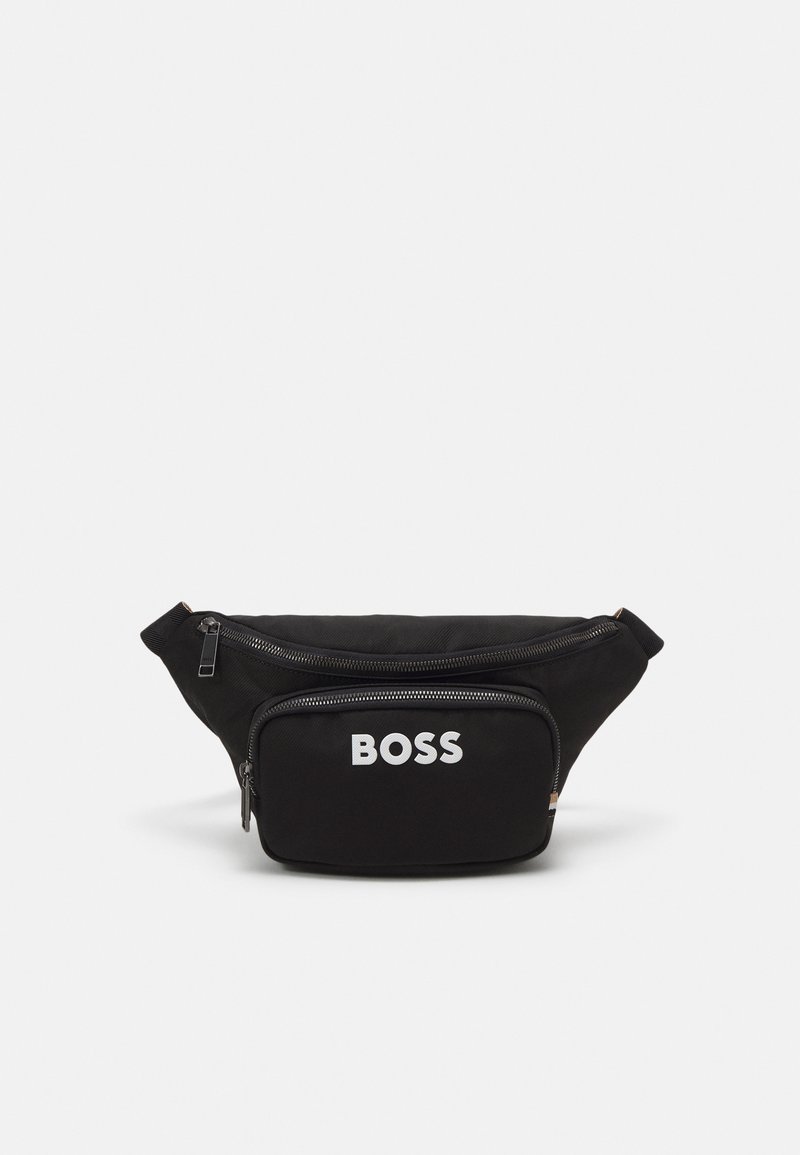 Black fabric fanny pack featuring a front zip pocket, large main compartment, and white "BOSS" logo on the front. Smooth texture, structured shape.