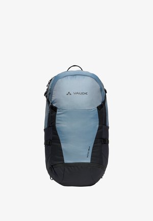 Mochila de senderismo Vaude Wizard 30+4 en azul y negro con múltiples compartimentos y asa superior.
