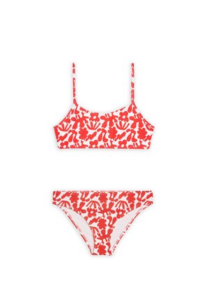 Red and white bikini set featuring a floral pattern. The top has adjustable thin straps, and the bottoms are low-rise with side seams.