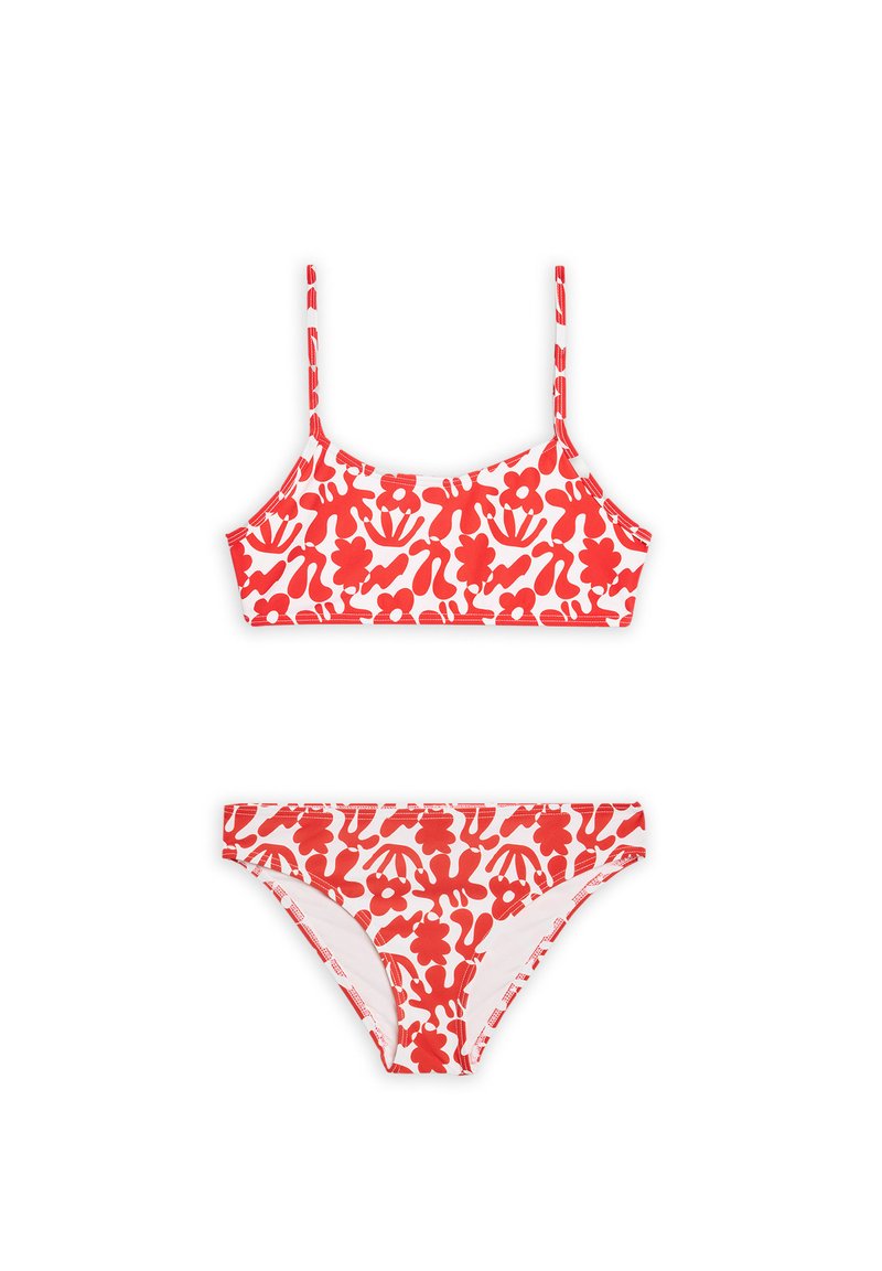 Set da bikini rosso e bianco con un motivo floreale. Il top ha spalline sottili regolabili, mentre i fondini sono a vita bassa con cuciture laterali.