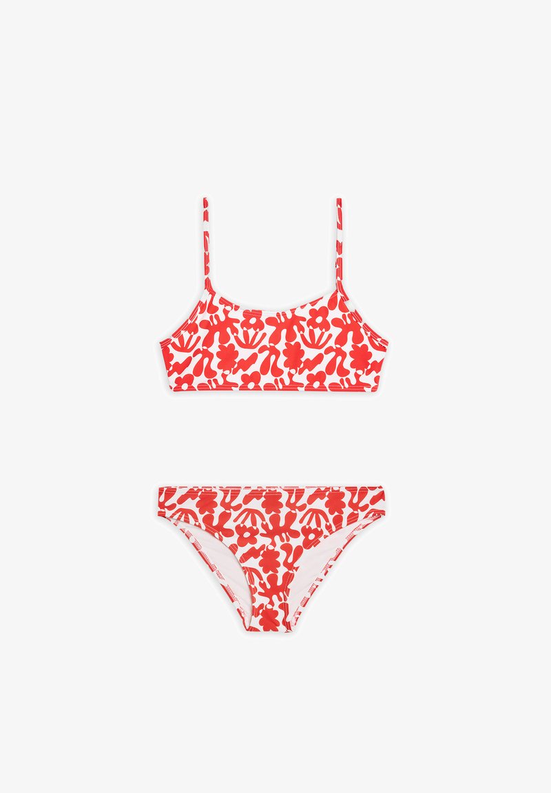 Set da bikini rosso e bianco con un motivo floreale. Il top ha spalline sottili regolabili, mentre i fondini sono a vita bassa con cuciture laterali.