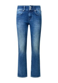 Jean en denim bleu avec une coupe droite, légère décoloration au niveau des cuisses et fermeture à deux boutons. Comprend des poches traditionnelles et un ourlet soigné.