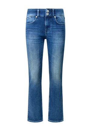 Blue denim jeans with a straight cut, light fading at the thighs, and two button closure. Features traditional pockets and a clean hem.
