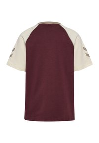 Vinröd bomullst-shirt med crèmefärgade raglansleeves och tre taupefärgade ränder på vänster ärm. Mjukt material, rund halsringning.