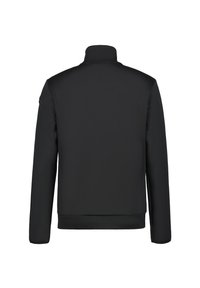 Schwarze Jacke mit hohem Kragen, langen Ärmeln, glatter Textur und minimalistischem Design. Keine sichtbaren Beschläge oder Muster.
