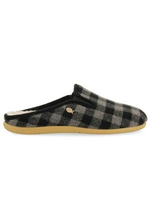 Chausson à carreaux noir et gris avec une tige textile douce, design à enfiler, bord noir et semelle en caoutchouc marron clair. Présente un petit logo.