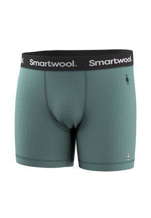 Miesten sinivihreät bokserit, joissa on musta vyötärönauha ja valkoinen "Smartwool"-logo sekä pieni musta ihmisfiguuri oikean puolen etuosassa.