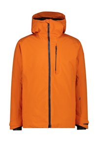 Orange vandtæt jakke med hætte, frontlynlås og brystlomme. Har sorte detaljer på ærmer og kant. Glat, letvægtsmateriale.