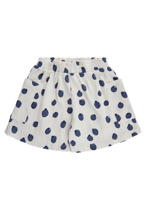 Białe teksturowane szorty z elastycznym pasem, dużymi granatowymi groszkami i bocznymi kieszeniami naszywanymi.