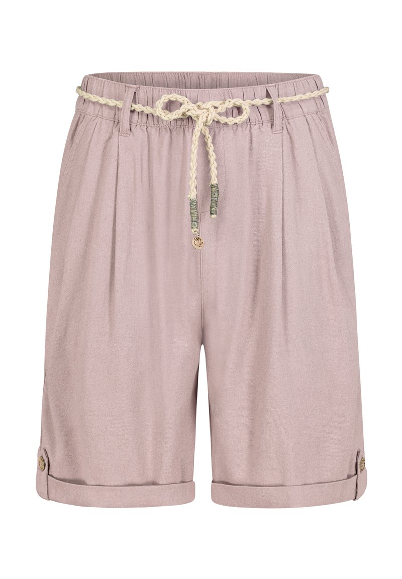 Light pink shorts made of textured fabric, featuring an elastic waistband, drawstring, and rolled cuffs with button accents.