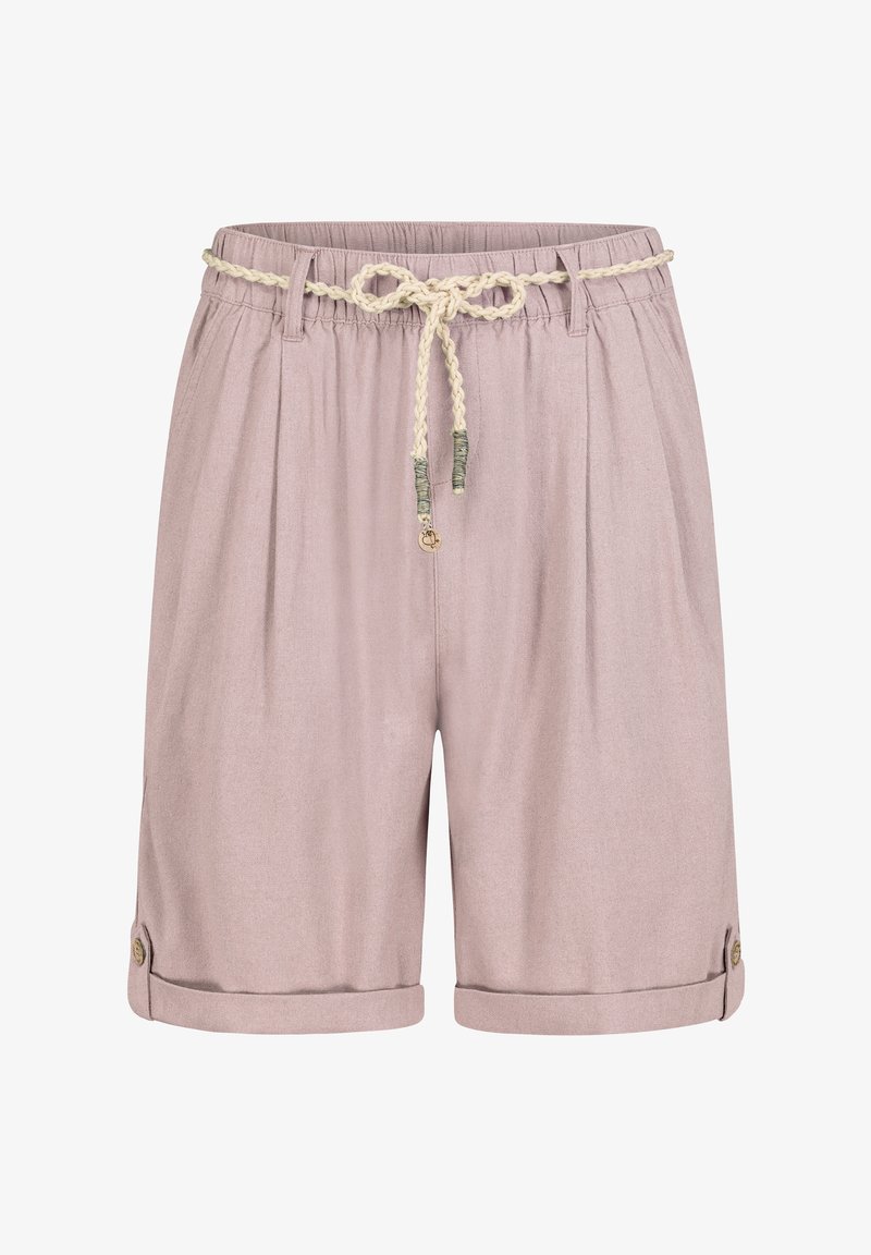 Light pink shorts made of textured fabric, featuring an elastic waistband, drawstring, and rolled cuffs with button accents.