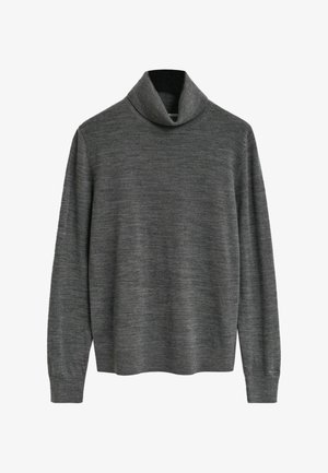 Maglione a collo alto grigio realizzato in morbido tessuto a maglia, con maniche lunghe, un collo alto e una vestibilità rilassata senza motivi o accessori visibili.
