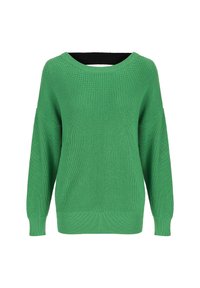 Grüner gestrickter Pullover mit weitem Ausschnitt, langen Ärmeln und gerippter Textur. Hat eine einfarbige Gestaltung und einen lockeren Schnitt.