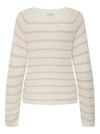 Pull tricoté de couleur crème avec des rayures horizontales rose clair et des manches longues, vu de dos.