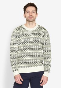Strikket sweater i creme og mørkegrøn med geometriske mønstre. Har en rund hals og ribbede manchetter og kant. Teksturert stof.