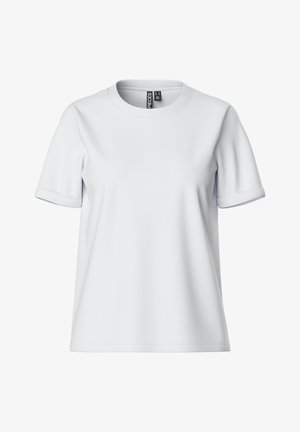 Witte t-shirt met korte mouwen gemaakt van zachte stof, met een ronde halslijn en opgerolde mouwen, met een zichtbaar etiket aan de achterkant.