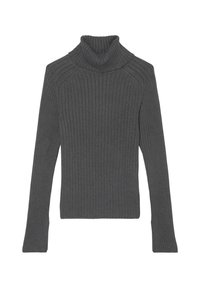 Suéter de cuello alto gris con canalé y mangas largas, que presenta un cuello alto y un diseño ajustado para un aspecto acogedor y texturizado.