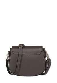 Gray leather crossbody bag with a textured surface, rounded shape, front flap, and gold-tone hardware accents. Adjustable strap included.