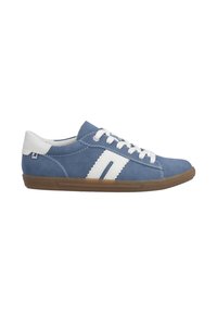 Blaue Wildledersneaker mit weißen Schnürsenkeln, weißem Akzent an der Ferse und brauner Gummisohle. Verfügt über ein schlichtes Streifendesign an der Seite.
