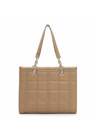 Sac fourre-tout beige en forme de coussin avec deux poignées, accents en métal argenté et une silhouette structurée. Texture lisse avec un motif en grille.