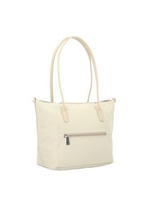 Borsa tote beige in materiale canvas testurizzato, con dettagli in pelle liscia, doppio manico e tasca frontale con zip. Silhouette compatta e rettangolare.