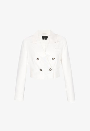 Weißer, kurz geschnittener, doppelt geknöpfter Blazer mit spitzen Revers, vier vorne mit schwarzem Rand versehenen Knöpfen, langen Ärmeln und Brusttasche.