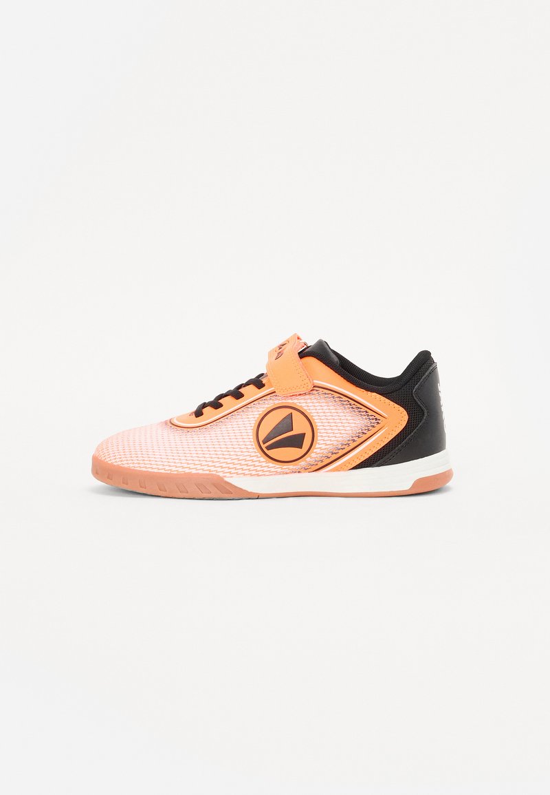 Sneakers with a mesh upper in orange and black, featuring a circular logo, padded collar, and a hook-and-loop strap for closure.