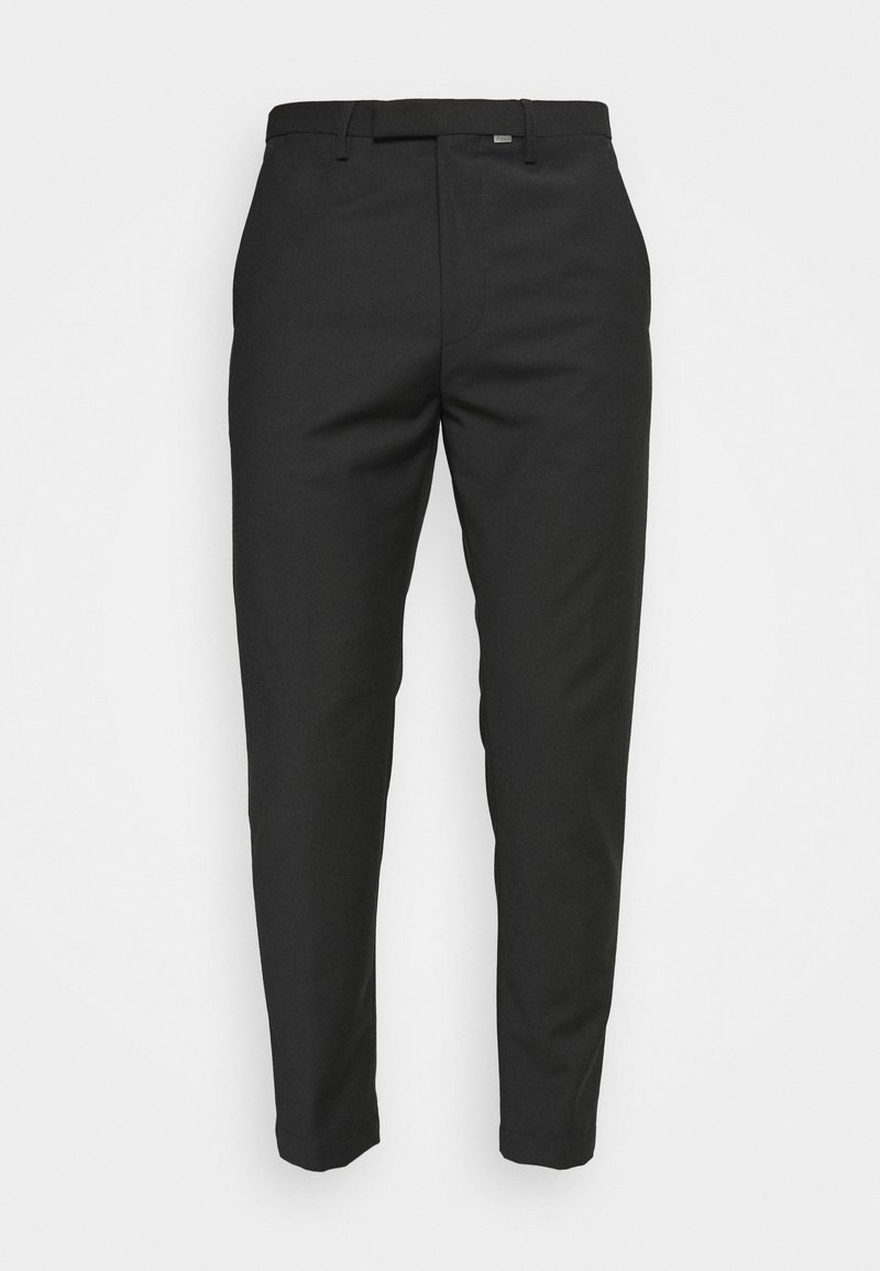 Pantalon habillé noir slim-fit avec passants de ceinture et fermeture éclair à l'avant, présenté sur un fond blanc uni.