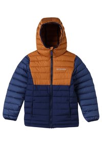 Männerdaunenjacke mit einer orangefarbenen Kapuze und einer Brusttasche, blauen Ärmeln und Body; ausgestattet mit einem durchgehenden Reißverschluss und einem gesteppten Muster.