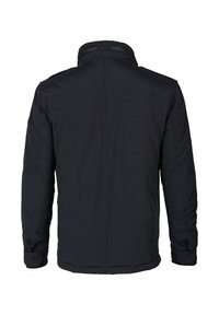 Giacca nera da esterno con colletto alto, maniche lunghe e toppe sui gomiti. Realizzata in tessuto liscio con un design minimalista e dettagli con bottoni.
