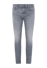 Jeans grigi sbiaditi con vestibilità slim. Realizzati in denim, presentano tasche standard e chiusura frontale con bottone. Tessuto elasticizzato per il comfort.