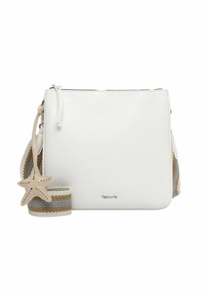 White textured leather crossbody bag with multicolored woven strap and beige star-shaped charm attached to zipper pull.