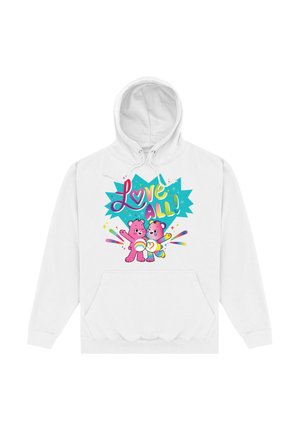 Felpa bianca con un grafico colorato di due orsi rosa che tengono dei lecca-lecca, con il testo "Love All!" in caratteri vivaci.
