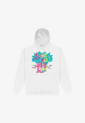 Witte hoodie met een kleurrafische afbeelding van twee roze beren die lolly's vasthouden, met de tekst "Love All!" in levendige letters.