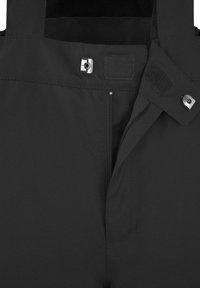 Schwarze Hosen mit einem offenen Frontreißverschluss, Druckknopfverschluss und Klettverschluss am Bund und Riemen.