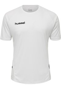 Hvid atletisk t-shirt lavet af letvægtsstof. Har en rund halsudskæring og korte ærmer. Sort "hummel" logo på forsiden.